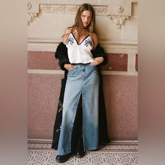 NEW FREE PEOPLE come as you are denim maxi skirt in sapphire with slit - Picture 1 of 4